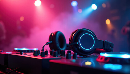 Colorful DJ headphones rest on DJ console in dimly lit smoky nightclub. Vibrant neon lights create dynamic atmosphere. Music likely playing. Nightlife scene. Electronic music. Tech tools. Party.