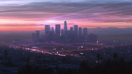 Obraz premium Vibrant Sunset Over Urban Skyline with Colorful Light Trails