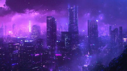 Fototapeta premium Futuristic Cityscape at Night with Purple and Blue Neon Lights