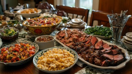 Fototapeta premium Abundant Festive Food Table With Roasted Meat And Salads