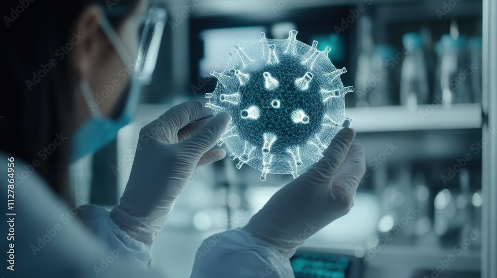 Poster Scientist in Laboratory Holding Digital Model of Virus, Exploring Microscopic Structures Using Advanced Technology and Innovative Research Methods for Health Solutions