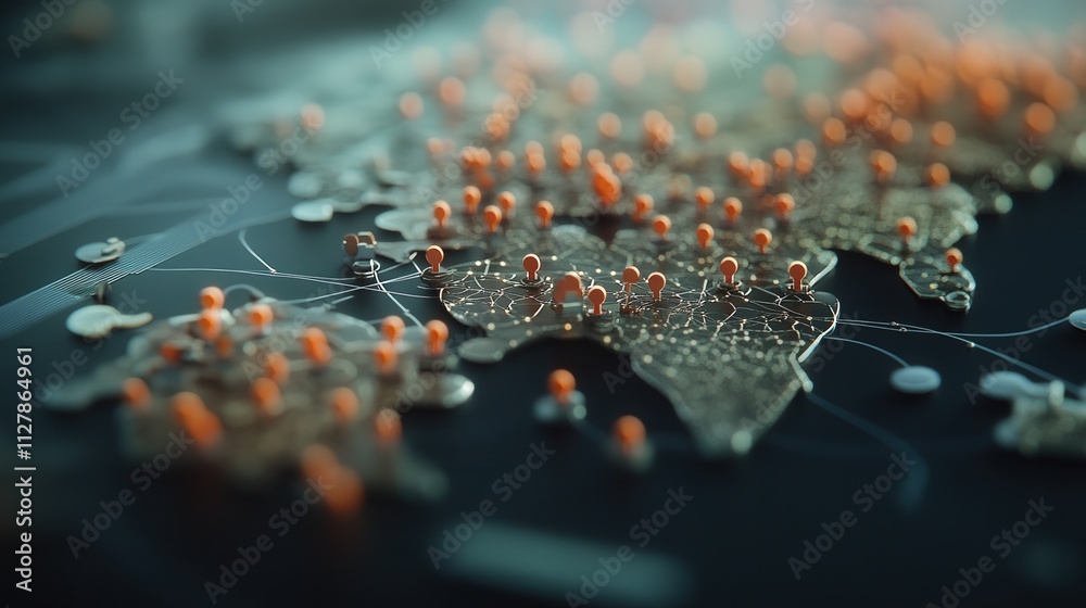 Poster Detailed Close-Up of a Global Map with Pushpins Indicating Locations, Representing Connections and Data Points Across Continents, Ideal for Visualizing Geographic Information