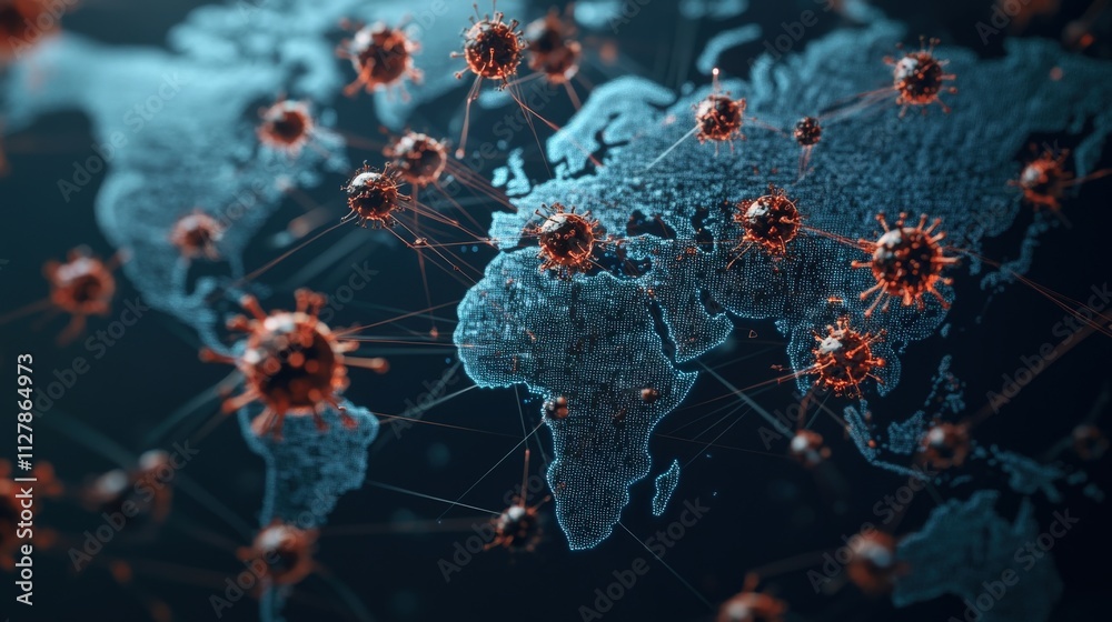 Poster global map depicting data connections with viruses representing spread of infection and health crisi