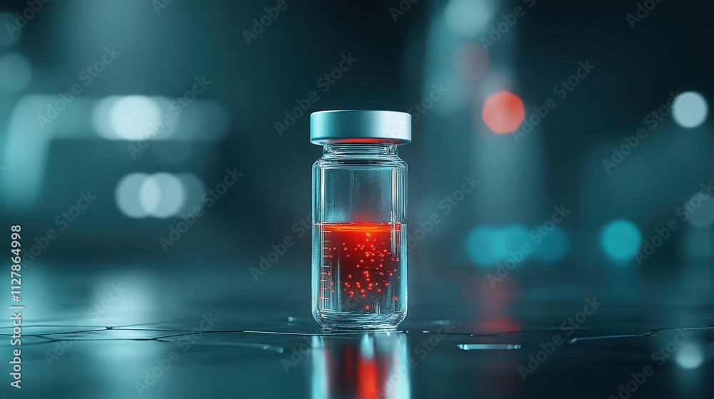 Poster Glass vial containing vibrant red liquid on a reflective surface with a blurred abstract background, symbolizing science and modern technology in laboratory settings