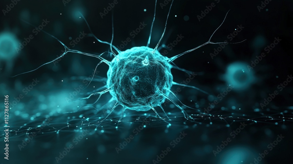 Poster Close-up view of a glowing microscopic cell in a dark digital environment, highlighting intricate details and connections of cellular structures in an abstract representation