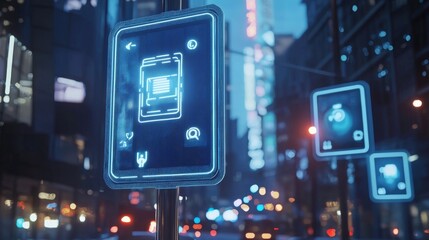 Obraz premium Futuristic Augmented Reality Street Signs in Urban Environment