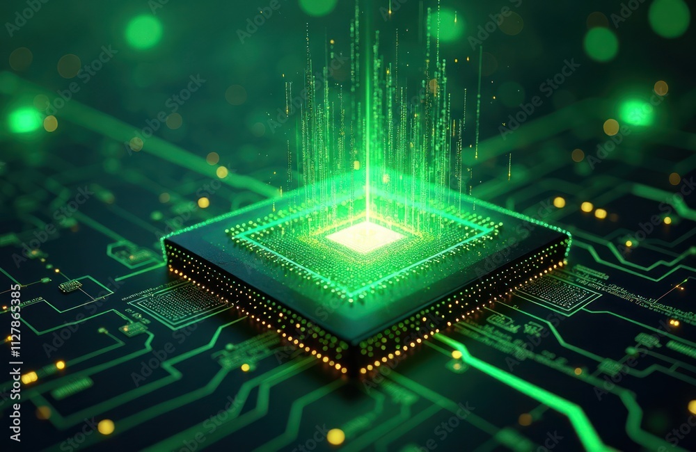 Poster abstract quantum computer chip core glows vibrant green light. swirling data streams, complex algori