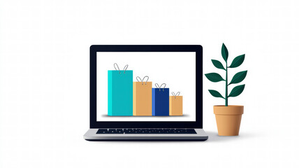 A laptop displaying a bar chart alongside a potted plant, symbolizing growth and productivity in a modern workspace.