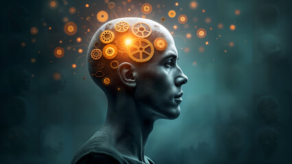 Obraz premium Visual Representation of a Man with Translucent Head and Gears