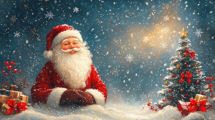 Merry Christmas Wallpaper  Santa Claus  Christmas Tree  Snowflakes  Festive Winter Scene