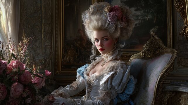 Woman in ornate rococo dress, seated in antique chair.