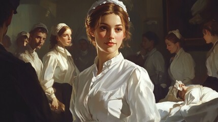 Nurse, patients, hospital, 19th-century setting, painting.