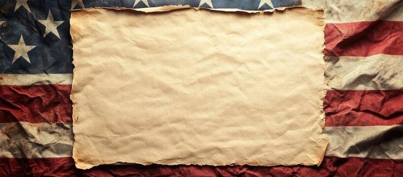 Aged parchment paper rests atop a weathered American flag.