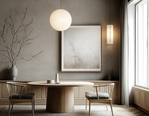 Cozy Modern Minimalist Kitchen Interior with Round Wooden Table and Elegant Chairs