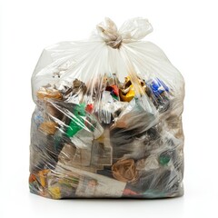 White Plastic Garbage Bag Filled With Various Types of Trash