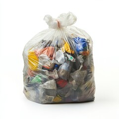 Plastic Garbage Bag Filled with Trash on White Background