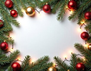 Christmas decorations arranged in a frame on white background. Red and gold ornaments. Spruce branches and warm fairy lights. Festive and minimalist design. Perfect for holiday cards or invitations.