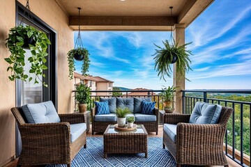 Obraz premium Inviting Balcony Design with Wicker Furniture and Hanging Plants Against a Blue Sky Backdrop