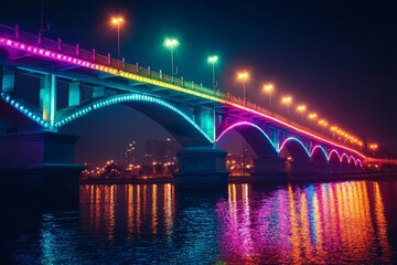 Naklejka premium A city bridge illuminated with colorful lights, stretching over a river at night, the lights reflect in the water, Generative AI