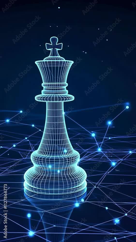 Wall mural digital representation of a chess king piece with a blue wireframe design and network background