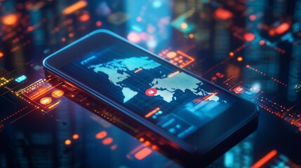 Mobile technology displaying global data insights urban environment digital art nighttime viewpoint innovation concept