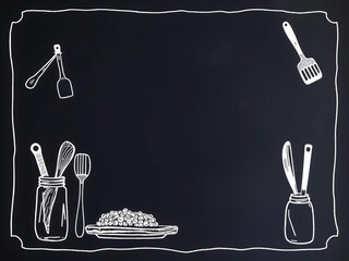 Chalk menu board with kitchenware hand drawn graphics, menu, culinary