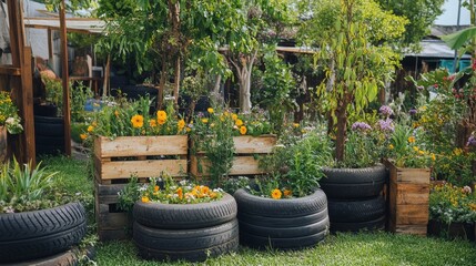 Naklejka premium Urban garden revitalization community park photography green space eye-level view sustainable living concept