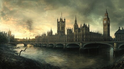 Naklejka premium Post-apocalyptic London, Big Ben, river, bridge.