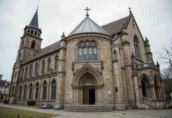 Fototapeta premium Photo of an old church in Europe with a classic style, an old European building, a religious center and a historical tourist destination attraction in Europe.