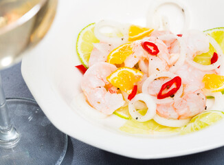 Delicious ceviche with shrimp, lime, onion and spicy pepper