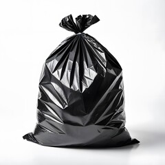 A Single Black Plastic Garbage Bag on White Background