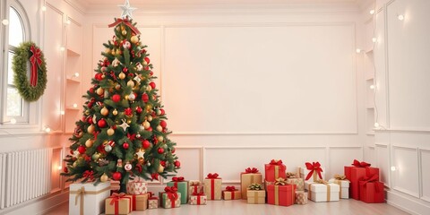 Christmas tree adorned with colorful ornaments and lights surrounded by gift boxes in a bright white room interior, room, white