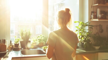 In a warm, sunlit kitchen, a woman focuses on preparing a fresh salad amidst greenery and natural light