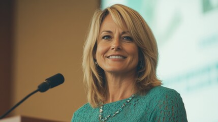 A woman speaker is engaging the audience with her presentation at a conference podium, showcasing confidence and leadership skills
