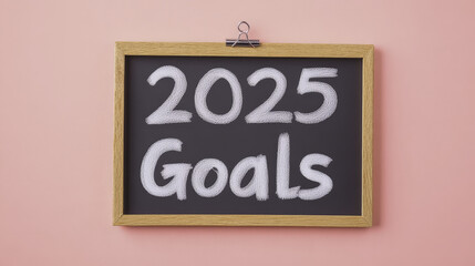 2025 goals written in bold white minimalist font on blackboard, framed in wood, against soft pink background, conveying motivation and clarity