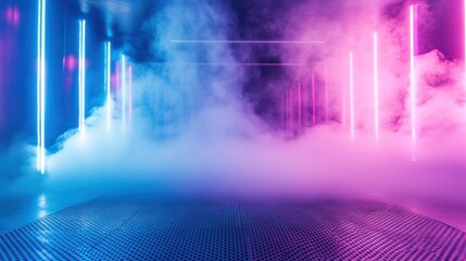 Rolling white smoke glides across a futuristic metallic floor, accented by neon blue and pink lighting for a cyberpunk vibe