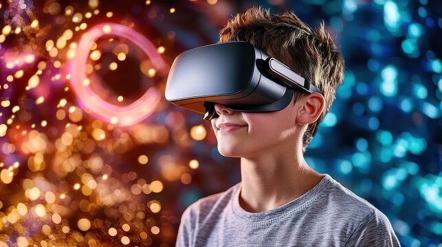 A teenage boy is immersed in a virtual reality world, wearing a sleek VR headset against a backdrop of digital neon lights that create a futuristic and vibrant atmosphere.
