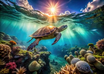 Obraz premium Aerial drone photography captures breathtaking ocean wildlife: sea turtles gracefully navigating a vibrant coral reef ecosystem.