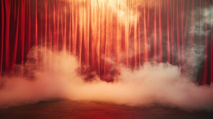 Fototapeta premium Soft white smoke flows gently over a stage with red velvet curtains in the background, illuminated by warm spotlight hues