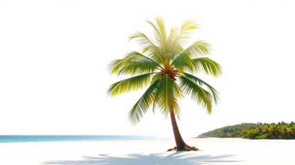 Obraz premium Coconut tree standing tall on a sandy beach against a white background, perfect for tropical-themed designs, scenery, paradise