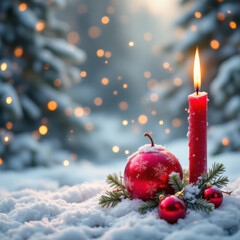A red apple sits on a snow covered ground next to a lit candle and a red ball