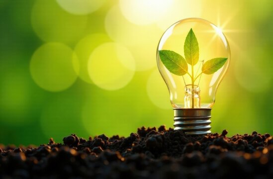 tree growing on light bulb with sunshine in nature and small plants growth stepe. saving energy and eco concept. Earth Day concept. Save the planet. Think about the
