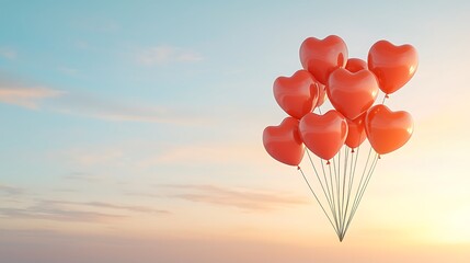 Valentine's day celebration heart-shaped balloons against a scenic sunset background