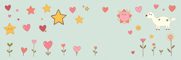 Colorful and whimsical mega doodle design elements vector set featuring a variety of hand drawn icons such as flowers, animals, hearts, and stars, stars, elements
