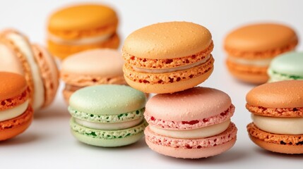 Fototapeta premium A tempting display of vibrant macaroons in various pastel hues set against a crisp white background, creating a visually striking and mouthwatering composition.