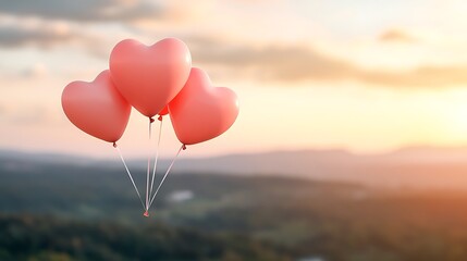 Fototapeta premium Romantic heart balloons floating in sunset sky valentine's day background for lovers