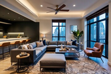 Contemporary Urban Duplex Lounge with Cozy Sectional and Chic Decor