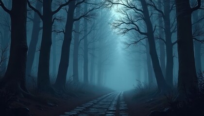 Obraz premium Mysterious dark forest path. Foggy, spooky atmosphere in dark woodland. Silhouettes of trees obscure pathway leading to mystery. Creepy, eerie woods background for mobile game. Horror theme