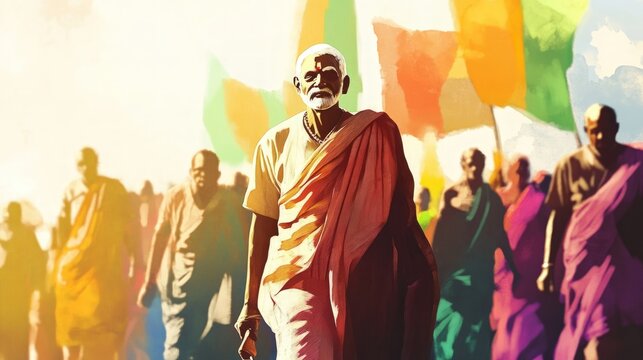 Elderly man in saffron robe leads procession.