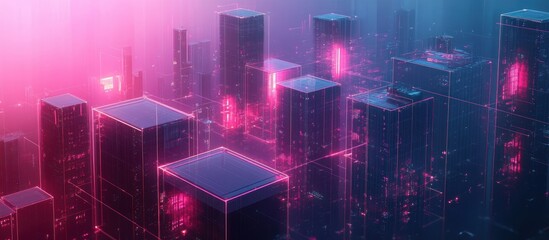 Fototapeta premium Futuristic Cyberpunk Cityscape with Neon Lights and Geometric Design